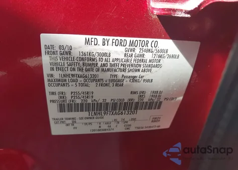 2010 Lincoln Mks Ecoboost z USA, uszkodzony, nr VIN 1LNHL9FTXAG613201